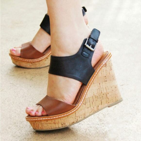 DV by Dolce Vita Shoes - dv Dolce Vita Cork Wedge Heel Sandals Brown Black Leather Size 8.5